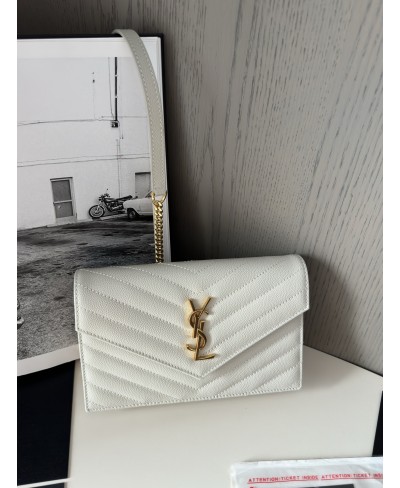 SAINT LAURENT CASSANDRE ENVELOPE CHAIN WALLET IN GRAIN DE POUDRE LEATHER